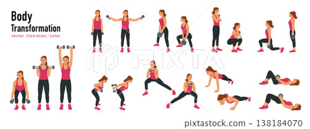Illustration of a woman doing weight training. 138184070
