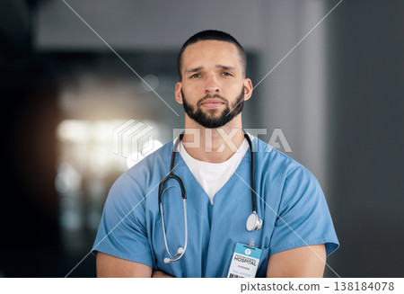 Serious, nurse and portrait of man in hospital for healthcare, wellness or nursing career. Face of surgeon, confident medical professional worker and employee, therapist or expert physician in Brazil 138184078