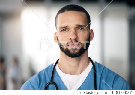 Portrait of man, surgeon or doctor in hospital with ppe, healthcare worker with confidence in medicine and help. Health expert, medical professional and serious face of nurse in clinic for surgery. 138184087