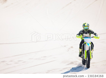 Man, driving and motorbike on sand for sport, adventure or competition outdoor in summer or mockup space. Motorcycle, ride and athlete on dirt, dune or desert for race, danger and fearless challenge Man, driving and motorbike on sand for sport, adventure or competition outdoor in summer or mockup space. Motorcycle, ride and athlete on dirt, dune or desert for race, danger and fearless challenge 138184168
