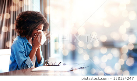 Woman, blowing nose and allergies while working from home, sick with virus and banner, mockup space and bokeh. Health crisis, flu and freelancer with toilet paper for sinus infection and remote work 138184247