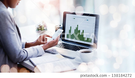 Business hands, data and phone or computer screen for stock market, analytics and graphs of financial increase. Analyst or person typing on mobile for laptop stats, profit or growth in bokeh overlay Business hands, data and phone or computer screen for stock market, analytics and graphs of financial increase. Analyst or person typing on mobile for laptop stats, profit or growth in bokeh overlay 138184272