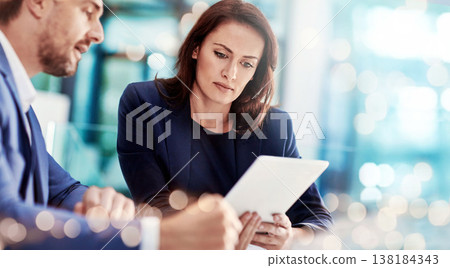 Business people, man and woman with tablet, typing and brainstorming with internet, website information or collaboration. People, employee or consultant with tech, teamwork and cooperation with ideas Business people, man and woman with tablet, typing and brainstorming with internet, website information or collaboration. People, employee or consultant with tech, teamwork and cooperation with ideas 138184343