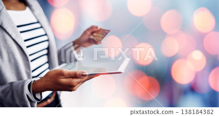 Woman, hands and tablet with credit card for payment, online banking or ecommerce on bokeh background. Closeup of female person with debit, technology and bank app for transaction, purchase or buying Woman, hands and tablet with credit card for payment, online banking or ecommerce on bokeh background. Closeup of female person with debit, technology and bank app for transaction, purchase or buying 138184382