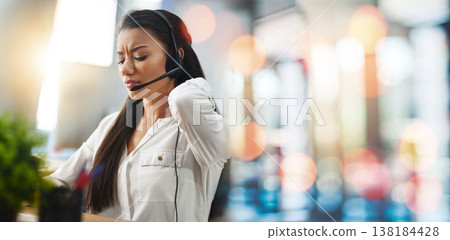 Tired woman, call center and neck pain in customer service, support or telemarketing on bokeh background at office. Frustrated female person, consultant or agent for injury, ache or stress and banner 138184428