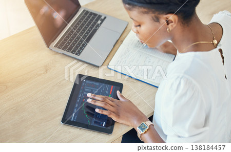 Tablet, cryptocurrency and black woman trading in office, finance analysis or writing in book for planning investment. Tech, stock market or business professional typing on chart, graph or statistics Tablet, cryptocurrency and black woman trading in office, finance analysis or writing in book for planning investment. Tech, stock market or business professional typing on chart, graph or statistics 138184457