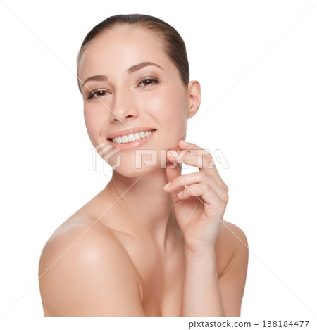 Woman, skincare and portrait hand in studio smile for beauty, health or cosmetic skin peel. Female model, natural detox and hydra facial wellness glow results, shine for hydration on white background 138184477