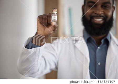Doctor, man and vaccine bottle in portrait, smile and care for pharmaceutical product for dengue fever. African medic, pride and happy for medicine, liquid and health innovation for safety in clinic 138184497
