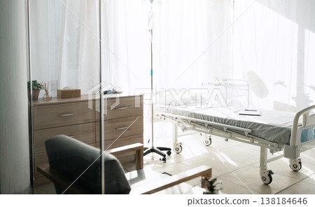 Empty room in hospital, health insurance and medical support in rehabilitation, healing or recovery. Emergency, surgery and bed in clinic for patient treatment, nursing or bedroom for healthcare plan 138184646