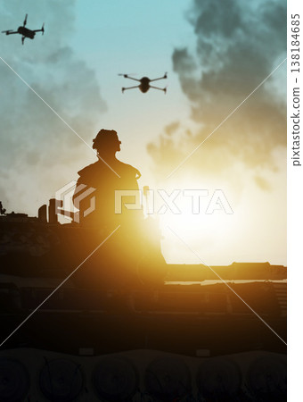 War, smoke and sunrise, soldier silhouette on battlefield with conflict, military vehicle and politics. Lens flare, chaos and explosion from fight, person in armed forces in warzone with army warrior 138184685