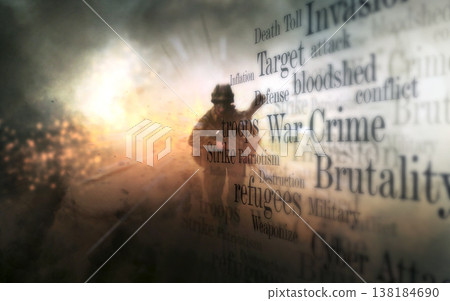 Warrior, gun and word overlay in explosion, defense and battle in war, fight and mission to strike. Soldier, danger and violence in camouflage, text and action on battlefield, apocalypse and conflict 138184690