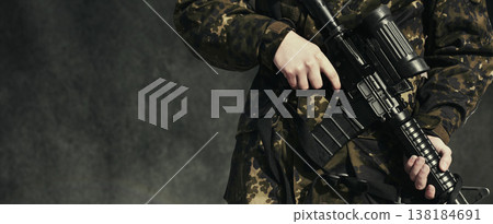 Soldier, war and holding a gun, closeup and mockup for army, military and camouflage for survival. Warrior, violence and crime by hands, battle and and danger on battlefield, safety and training Soldier, war and holding a gun, closeup and mockup for army, military and camouflage for survival. Warrior, violence and crime by hands, battle and and danger on battlefield, safety and training 138184691