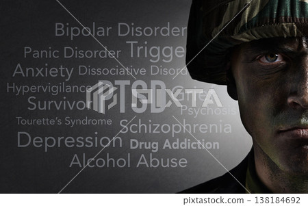Soldier portrait, words and overlay with anxiety, PTSD and psychology text of a veteran and man. Military, letter collage and problems from war, battlefield and fight trauma with grief of hero Soldier portrait, words and overlay with anxiety, PTSD and psychology text of a veteran and man. Military, letter collage and problems from war, battlefield and fight trauma with grief of hero 138184692