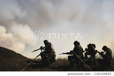 Military, war and soldier by smoke for service, battlefield or fight in forest with army uniform, guns and protection. Warzone, warrior and people in camp look at apocalypse in woods for defence duty Military, war and soldier by smoke for service, battlefield or fight in forest with army uniform, guns and protection. Warzone, warrior and people in camp look at apocalypse in woods for defence duty 138184695