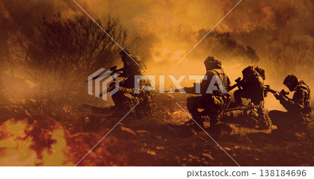 Battlefield, military or army with conflict, people or nature with explosion, shooting or warzone. Warrior, men or women outdoor, gun or mission with service, firearms or soldier with gear or courage Battlefield, military or army with conflict, people or nature with explosion, shooting or warzone. Warrior, men or women outdoor, gun or mission with service, firearms or soldier with gear or courage 138184696