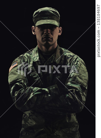 Soldier, man with arms crossed and army warrior in war, conflict and battle with uniform on black background. Hero, military and camouflage with security, protection and mission for fight in studio Soldier, man with arms crossed and army warrior in war, conflict and battle with uniform on black background. Hero, military and camouflage with security, protection and mission for fight in studio 138184697