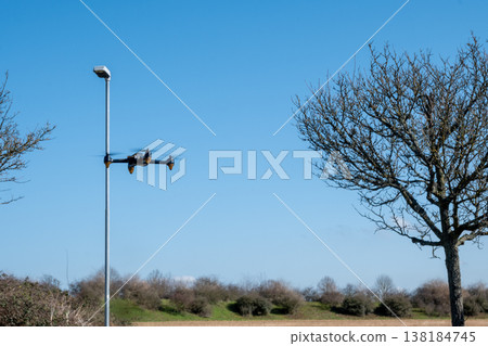 Black drone fllying in the blue sky near the field and much trees. Innovative modern technology. Black drone fllying in the blue sky near the field and much trees. Innovative modern technology. 138184745