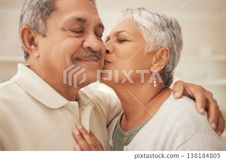 Selfie, kiss and senior couple in home with love, support and portrait of marriage in retirement together. Digital photography, face of happy man and old woman in apartment to post on social media. Selfie, kiss and senior couple in home with love, support and portrait of marriage in retirement together. Digital photography, face of happy man and old woman in apartment to post on social media. 138184805