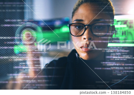 Programmer, woman with touch and code, cybersecurity with database, password and information technology. Cybersecurity, programming with ransomware and fingerprint, privacy and holographic overlay Programmer, woman with touch and code, cybersecurity with database, password and information technology. Cybersecurity, programming with ransomware and fingerprint, privacy and holographic overlay 138184850