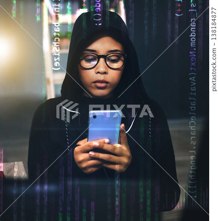 Hacker, coding overlay and woman with phone at night for cybersecurity, phishing and crime. Information technology, mockup and person on smartphone with software, network code or programming hologram Hacker, coding overlay and woman with phone at night for cybersecurity, phishing and crime. Information technology, mockup and person on smartphone with software, network code or programming hologram 138184877