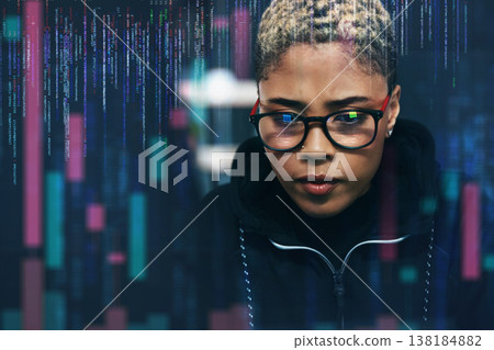 Woman, hacker and coding at night in cybersecurity, programming or cryptocurrency on digital overlay. Female person, serious employee or programmer working late on problem, cyber attack or malware 138184882