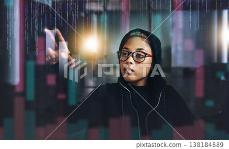 Woman, hacker and digital overlay at night in cybersecurity, programming or cryptocurrency at basement. Serious female person, employee or programmer working late on problem, cyber attack or malware Woman, hacker and digital overlay at night in cybersecurity, programming or cryptocurrency at basement. Serious female person, employee or programmer working late on problem, cyber attack or malware 138184889