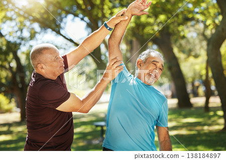 Senior man, friends and stretching in nature for workout, exercise or outdoor training together. Mature male person or team in body warm up, arm stretch or preparation for cardio or fitness at park Senior man, friends and stretching in nature for workout, exercise or outdoor training together. Mature male person or team in body warm up, arm stretch or preparation for cardio or fitness at park 138184897