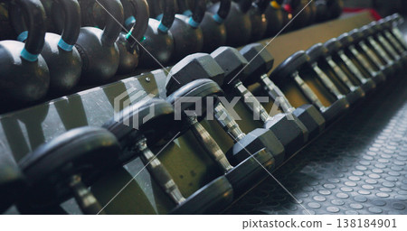 Dumbbell, weight and close up at gym for strong sport or wellness workout, training or goals. Exercise membership, workout and muscle power or build as athlete competition, performance or motivation 138184901