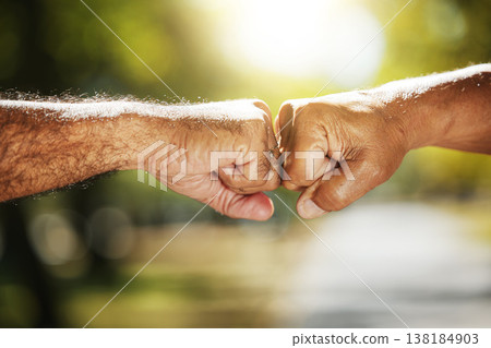 Support, nature and a fist bump for fitness motivation, solidarity or collaboration in exercise. Connection, teamwork and people with hands or a gesture for training success or target in a park 138184903