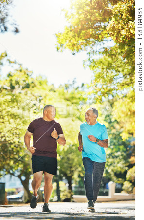 Senior, men and running for exercise in road of city for wellness, fitness or workout outdoor with smile. Elderly, people and training together in nature or park for health, adventure and happiness Senior, men and running for exercise in road of city for wellness, fitness or workout outdoor with smile. Elderly, people and training together in nature or park for health, adventure and happiness 138184935