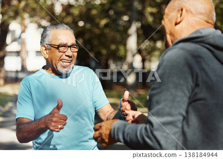 Fitness, friends and old men in park with thumbs up, smile and motivation on morning exercise together. Yes, energy and agreement, senior people in nature for workout, training and happy retirement 138184944