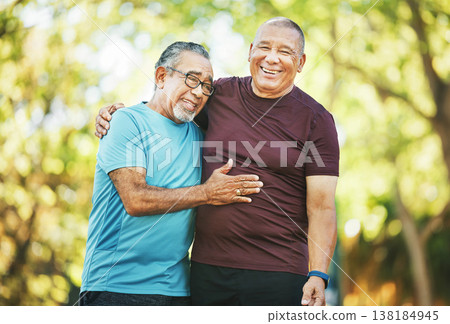 Mature, men and fitness for health in closeup for retirement in embrace, conversation and laughing at park. Elderly, people or friends on walk, together and bond for happiness with wellness in cardio 138184945