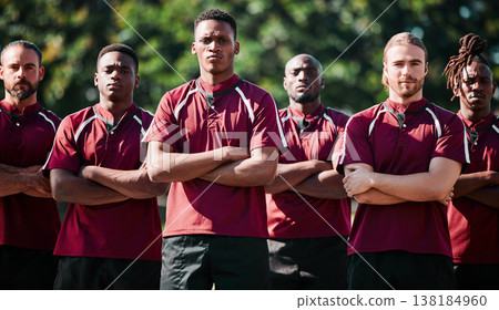 Team, men and field for athlete in portrait with arms folded, united and determined with mindset to win. Diverse group, players and together with intense, rugby sports and face for victory in game Team, men and field for athlete in portrait with arms folded, united and determined with mindset to win. Diverse group, players and together with intense, rugby sports and face for victory in game 138184960