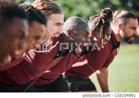 Huddle, rugby and men with fitness, game and serious with workout, training and competitive with support. People, players and face on field, teamwork and exercise with screaming, scrum or commitment 138184961