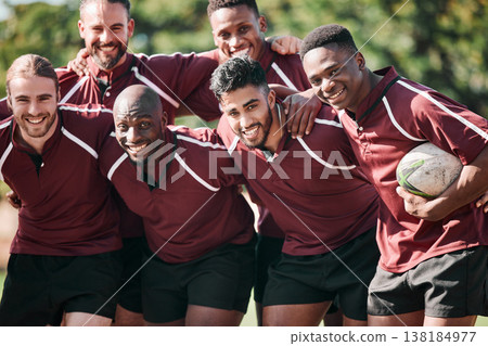 Portrait, men and rugby with smile while standing, together and happiness for victory. Team, young and boys for sports for bonding with exercise, fitness or winning of game, tournament or practice Portrait, men and rugby with smile while standing, together and happiness for victory. Team, young and boys for sports for bonding with exercise, fitness or winning of game, tournament or practice 138184977