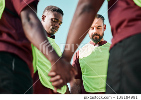 Rugby, holding hands and men with prayer, game and training with competition, exercise and cooperation. Faith, sports and match with players, athletes or healthy group with hope, fitness and wellness Rugby, holding hands and men with prayer, game and training with competition, exercise and cooperation. Faith, sports and match with players, athletes or healthy group with hope, fitness and wellness 138184981