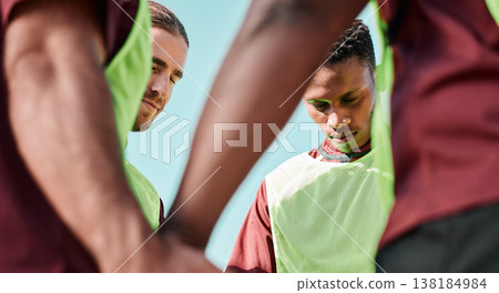 Team, players and praying for match in sports with hands, together and unity for support, help or win. Diverse group, people or friends with determination for game, competition or goal for victory 138184984