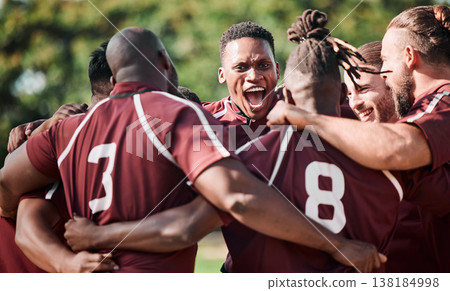 Football team, hug in circle and happy on sports field with shout, victory and final competition. Men, diversity and professional sport with collaboration in friendship and teamwork with excited 138184998