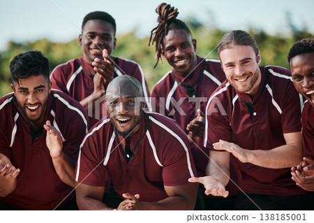 Sports, portrait and team on field for motivation in applause, cheers at competition or happy support. Smile, men and teamwork in rugby, friends at training with praise, celebration and game together 138185001