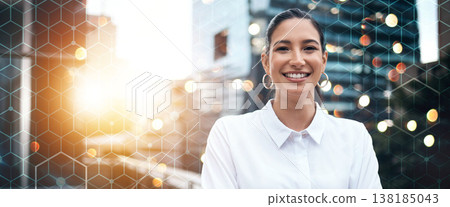 Portrait, business and woman with overlay, city and corporate professional with success, innovation and career. Face, person and entrepreneur with startup, outdoor and urban development with banner 138185043