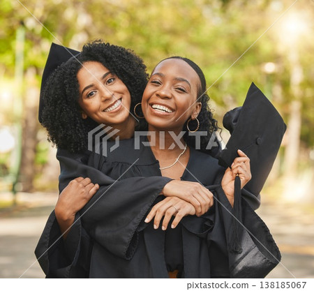 Graduate portrait, hug and friends happy for learning success, education goals or university graduation, progress or achievement. College women, school nature park and students embrace for milestone Graduate portrait, hug and friends happy for learning success, education goals or university graduation, progress or achievement. College women, school nature park and students embrace for milestone 138185067