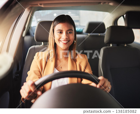Happy, driving and business woman in car to travel, journey and rent transportation. Smile, driver and person in motor vehicle, automobile and road trip to commute to work in the morning in transport Happy, driving and business woman in car to travel, journey and rent transportation. Smile, driver and person in motor vehicle, automobile and road trip to commute to work in the morning in transport 138185082