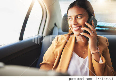 Woman in taxi with smile, phone call and travel on urban commute in communication on drive. Transport, car or cab ride, girl in happy conversation on cellphone for schedule or agenda on road to work. Woman in taxi with smile, phone call and travel on urban commute in communication on drive. Transport, car or cab ride, girl in happy conversation on cellphone for schedule or agenda on road to work. 138185091