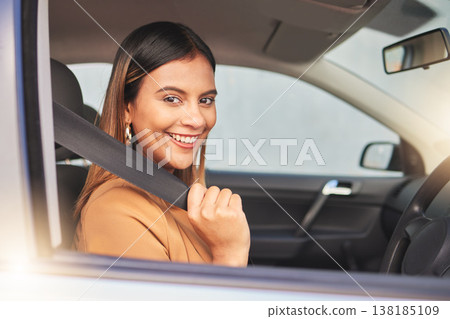 Car, portrait and happy woman with seatbelt check for road trip, travel or journey. Window, face and lady driver with vehicle safety belt for driving, protection or test drive, compliance or security Car, portrait and happy woman with seatbelt check for road trip, travel or journey. Window, face and lady driver with vehicle safety belt for driving, protection or test drive, compliance or security 138185109