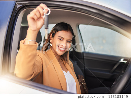 Happy woman, drive and portrait with new car, keys and freedom of transportation and travel on road. Auto, dealership and person driving with happiness in rental cars and purchase of vehicle Happy woman, drive and portrait with new car, keys and freedom of transportation and travel on road. Auto, dealership and person driving with happiness in rental cars and purchase of vehicle 138185149