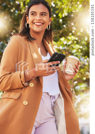 Business, outdoor and woman with a smartphone, typing and walking with a smile, sunshine and connection. Happy person, consultant or entrepreneur with a cellphone, city or social media with network Business, outdoor and woman with a smartphone, typing and walking with a smile, sunshine and connection. Happy person, consultant or entrepreneur with a cellphone, city or social media with network 138185191