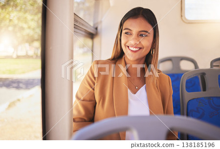 Young, woman and commute to work by bus, public transportation and city with traffic. Employee, alone and smile in happiness on face for career, occupation and traveling with service, metro or auto 138185196
