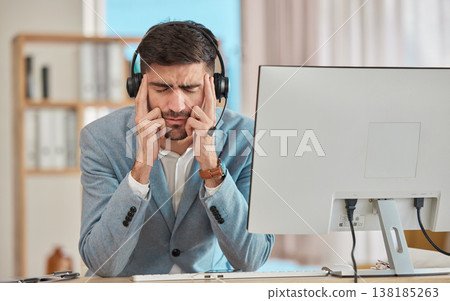 Consultant, telemarketing and man with a headache, burnout and computer with call center. Person, employee or insurance agent with a migraine, pc and tension with stress, tech support or health issue 138185263