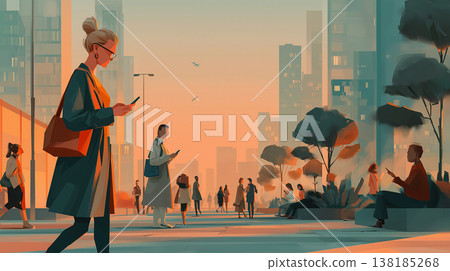 Modern lifestyles of people using smartphones in a city park at dusk Modern lifestyles of people using smartphones in a city park at dusk 138185268