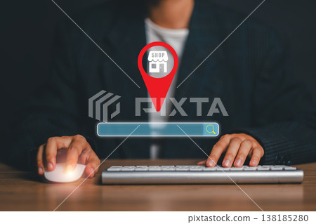Businessman interacting with digital search bar and online shopping icon, representing e-commerce and digital marketing. Businessman interacting with digital search bar and online shopping icon, representing e-commerce and digital marketing. 138185280
